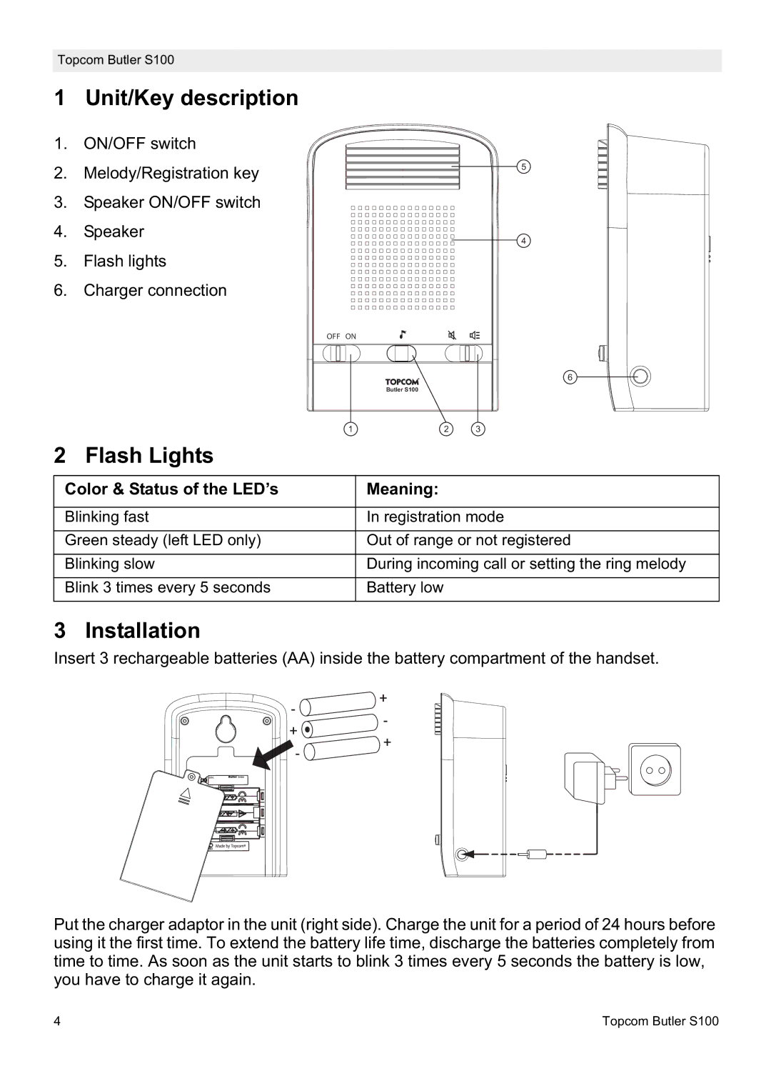 Topcom S100 manual do utilizador Unit/Key description, Flash Lights, Installation, Color & Status of the LED’s Meaning 