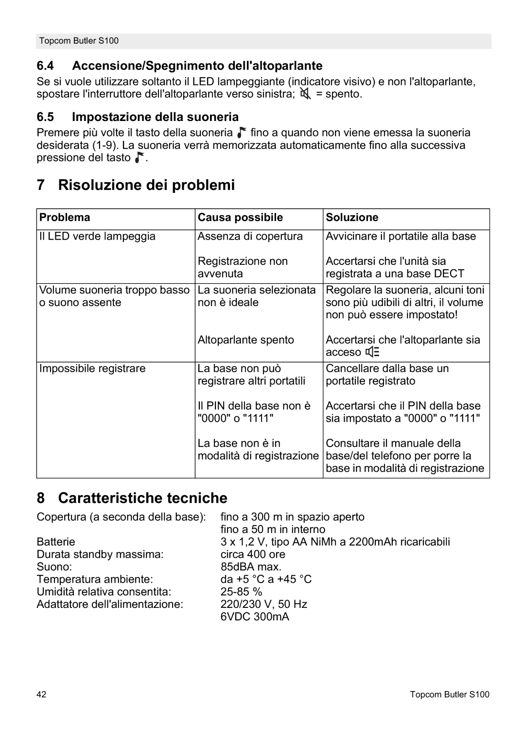 Topcom S100 Risoluzione dei problemi, Caratteristiche tecniche, Accensione/Spegnimento dellaltoparlante 