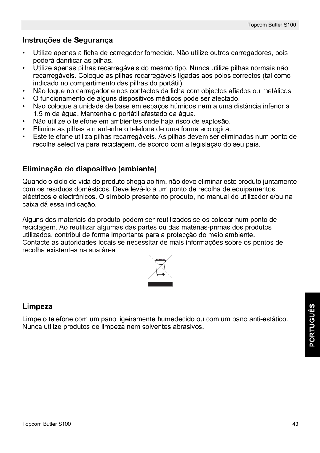 Topcom S100 manual do utilizador Instruções de Segurança, Eliminação do dispositivo ambiente, Limpeza 