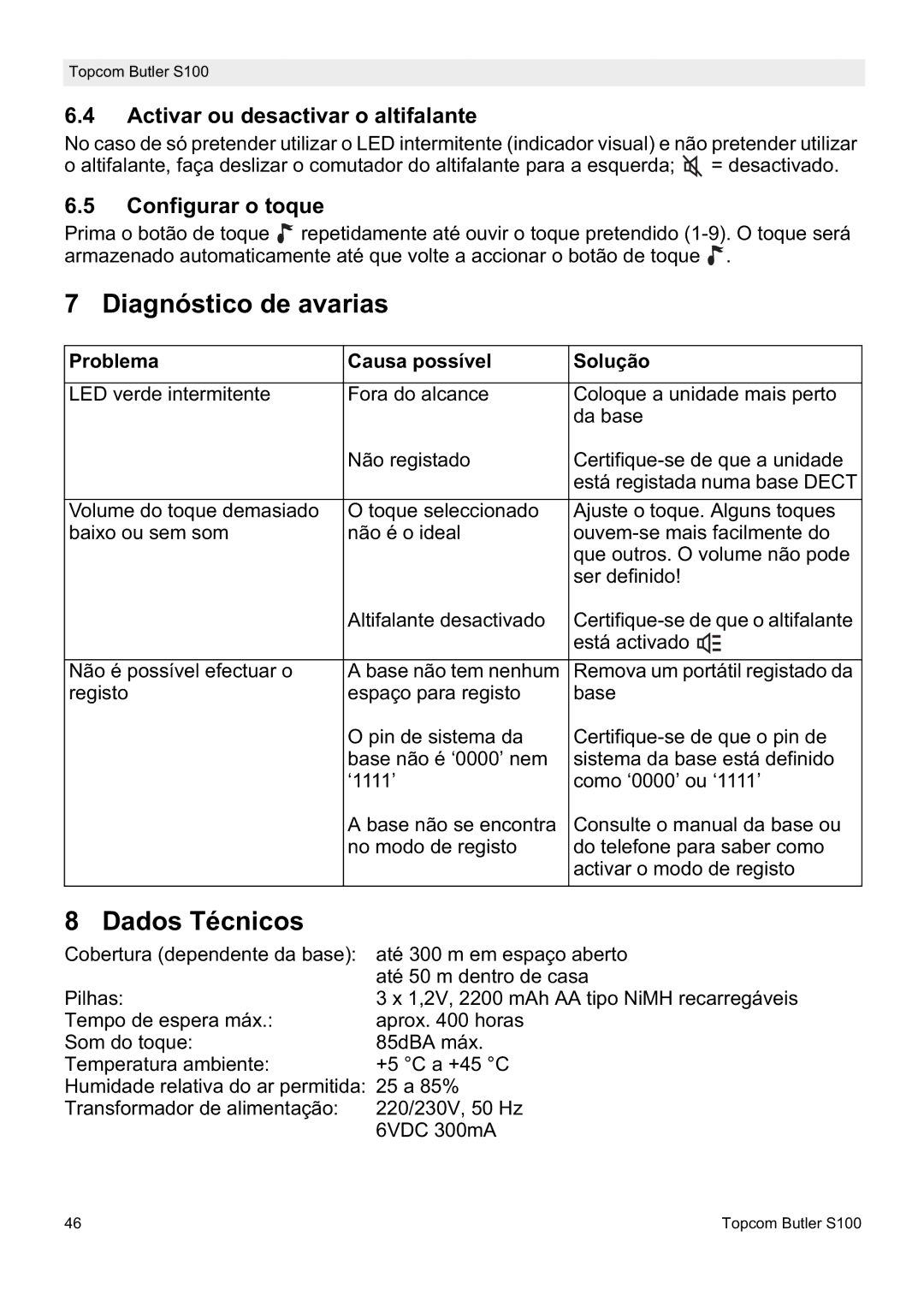 Topcom S100 Diagnóstico de avarias, Dados Técnicos, Activar ou desactivar o altifalante, Configurar o toque 