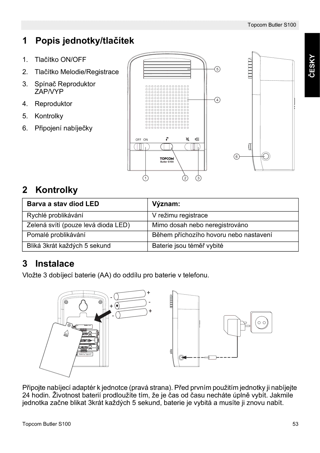 Topcom S100 manual do utilizador Popis jednotky/tlaþítek, Kontrolky, Instalace, Barva a stav diod LED Význam 