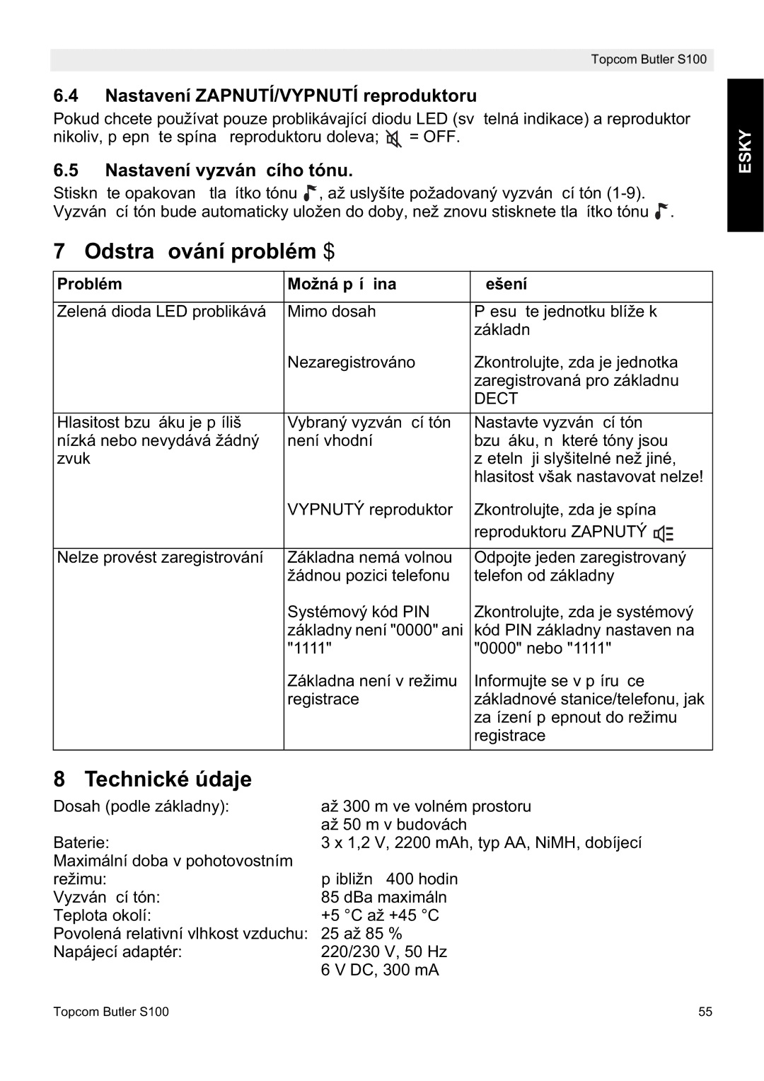 Topcom S100 OdstraĖování problémĤ, Technické údaje, Nastavení ZAPNUTÍ/VYPNUTÍ reproduktoru, Nastavení vyzvánČcího tónu 