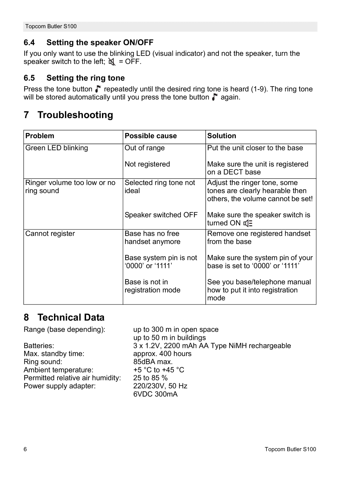 Topcom S100 manual do utilizador Troubleshooting, Technical Data, Setting the speaker ON/OFF, Setting the ring tone 