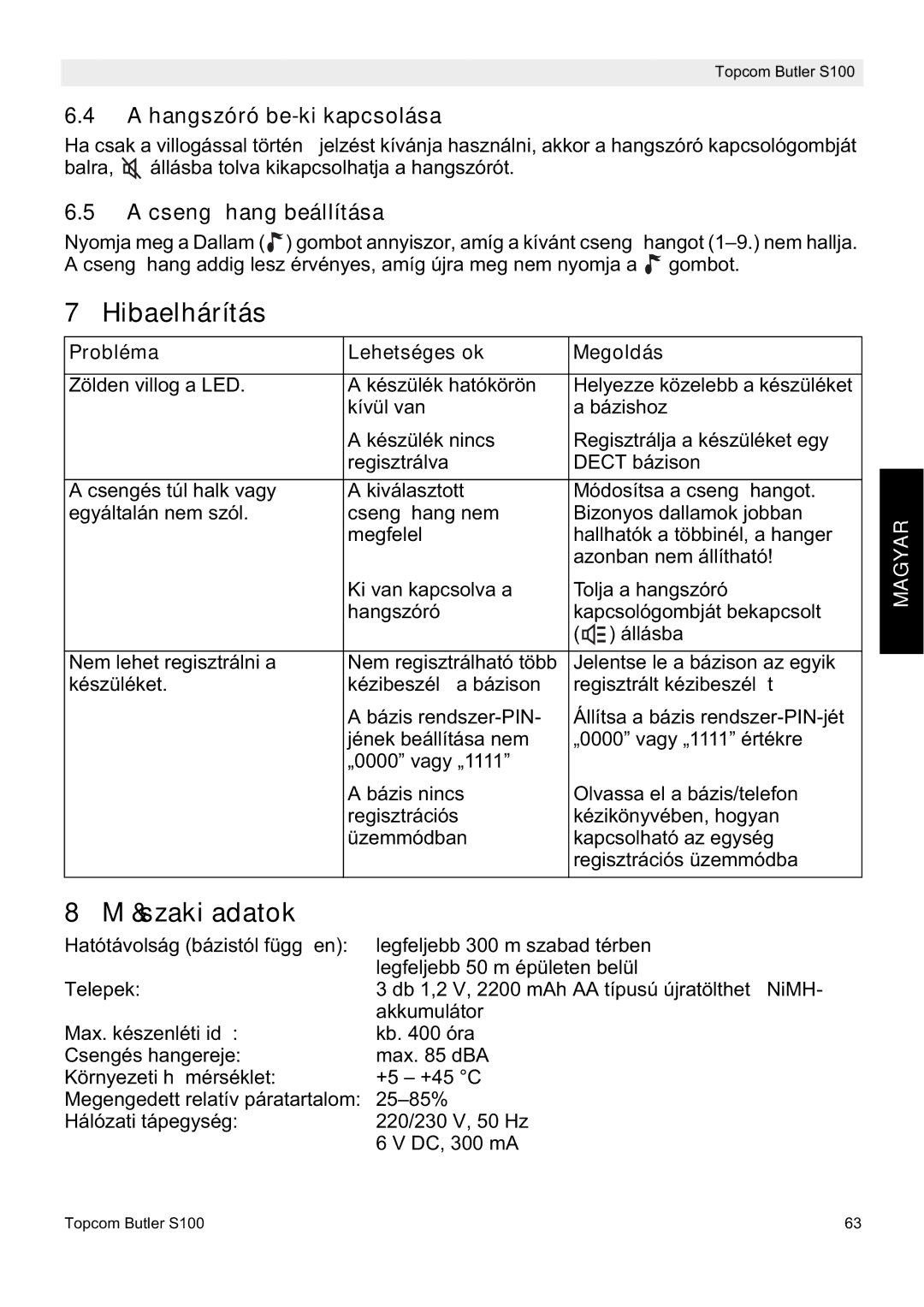 Topcom S100 manual do utilizador Hibaelhárítás, MĦszaki adatok, Hangszóró be-ki kapcsolása, CsengĘhang beállítása 