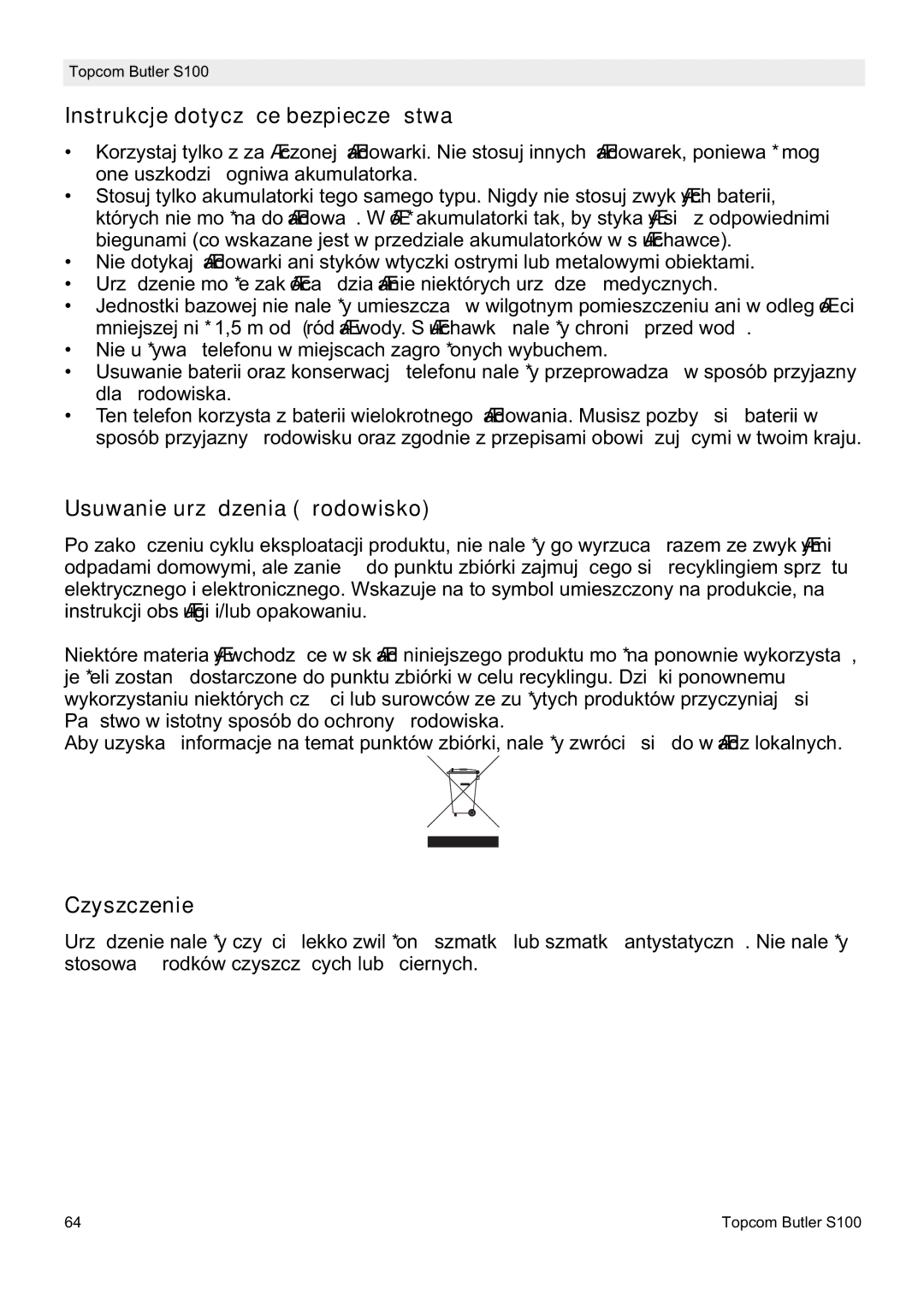 Topcom S100 manual do utilizador Instrukcje dotyczące bezpieczeĔstwa, Usuwanie urządzenia Ğrodowisko, Czyszczenie 