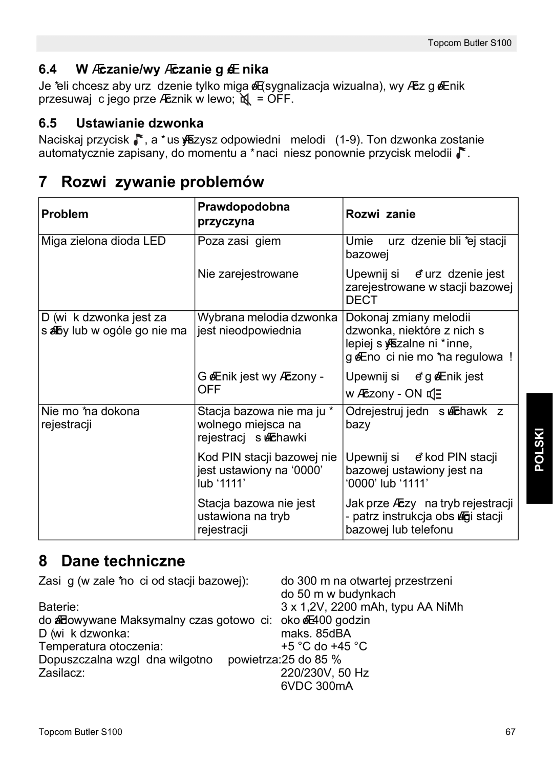 Topcom S100 Rozwiązywanie problemów, Dane techniczne, Wáączanie/wyáączanie gáoĞnika, Ustawianie dzwonka 