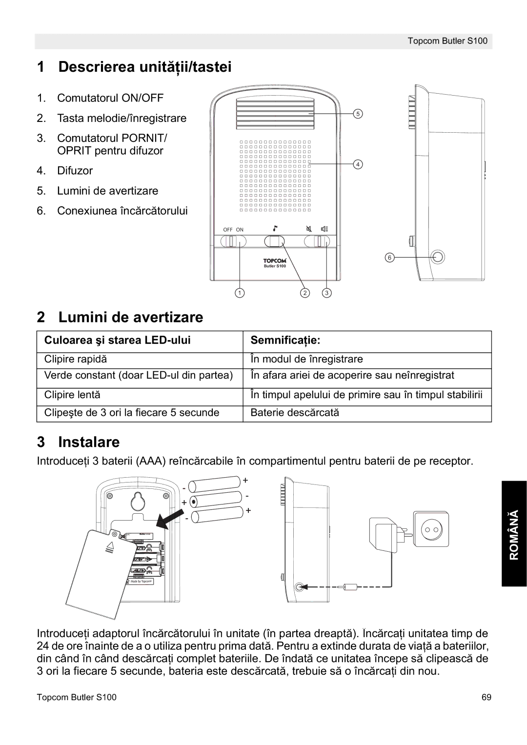 Topcom S100 Descrierea unităĠii/tastei, Lumini de avertizare, Instalare, Culoarea úi starea LED-ului SemnificaĠie 