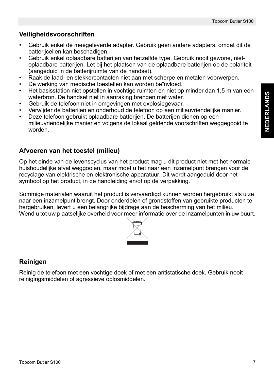 Topcom S100 manual do utilizador Veiligheidsvoorschriften, Afvoeren van het toestel milieu, Reinigen 