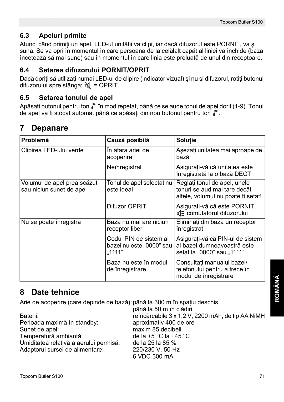 Topcom S100 Depanare, Date tehnice, Apeluri primite, Setarea difuzorului PORNIT/OPRIT, Setarea tonului de apel 