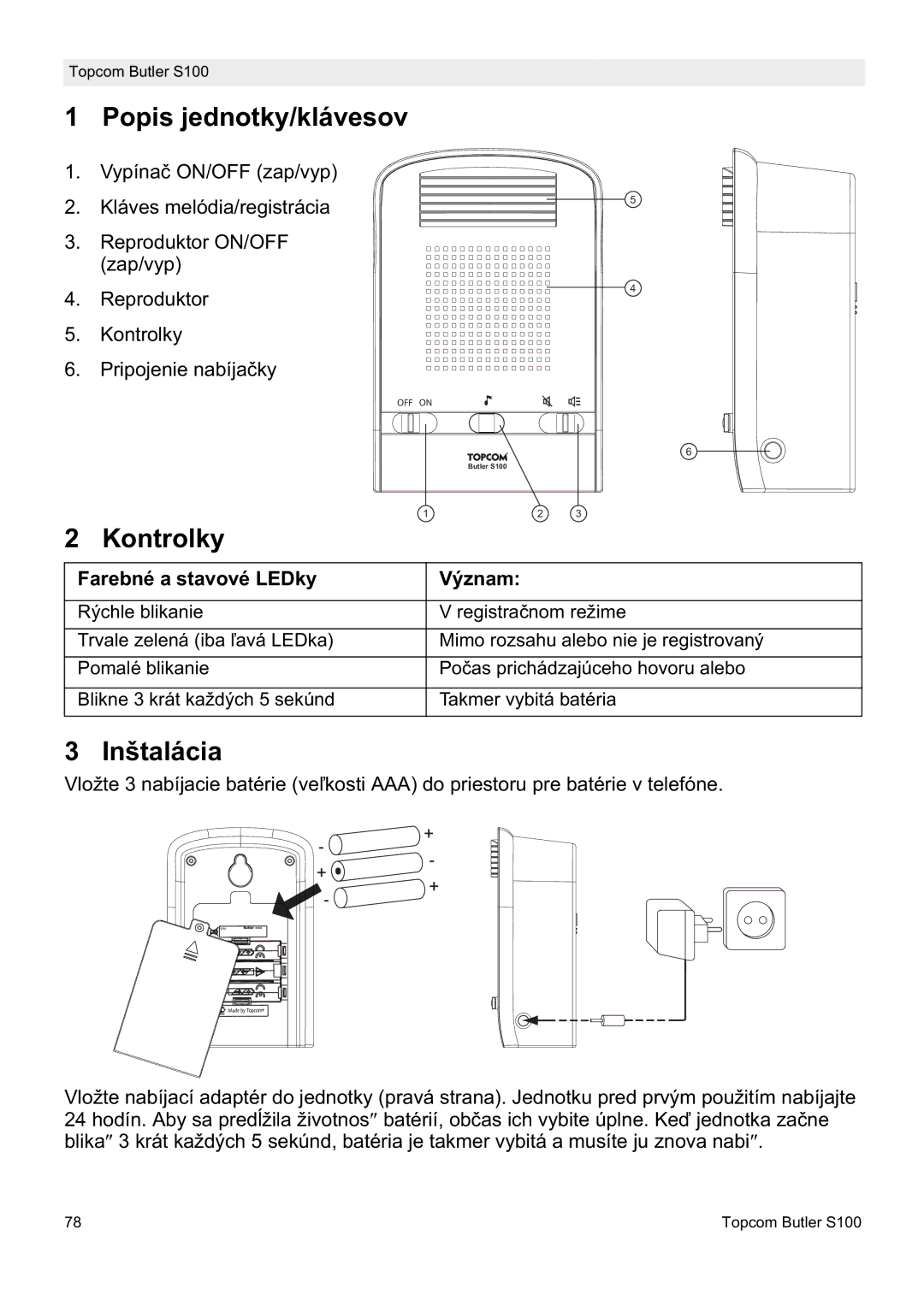 Topcom S100 manual do utilizador Popis jednotky/klávesov, Inštalácia, Farebné a stavové LEDky Význam 