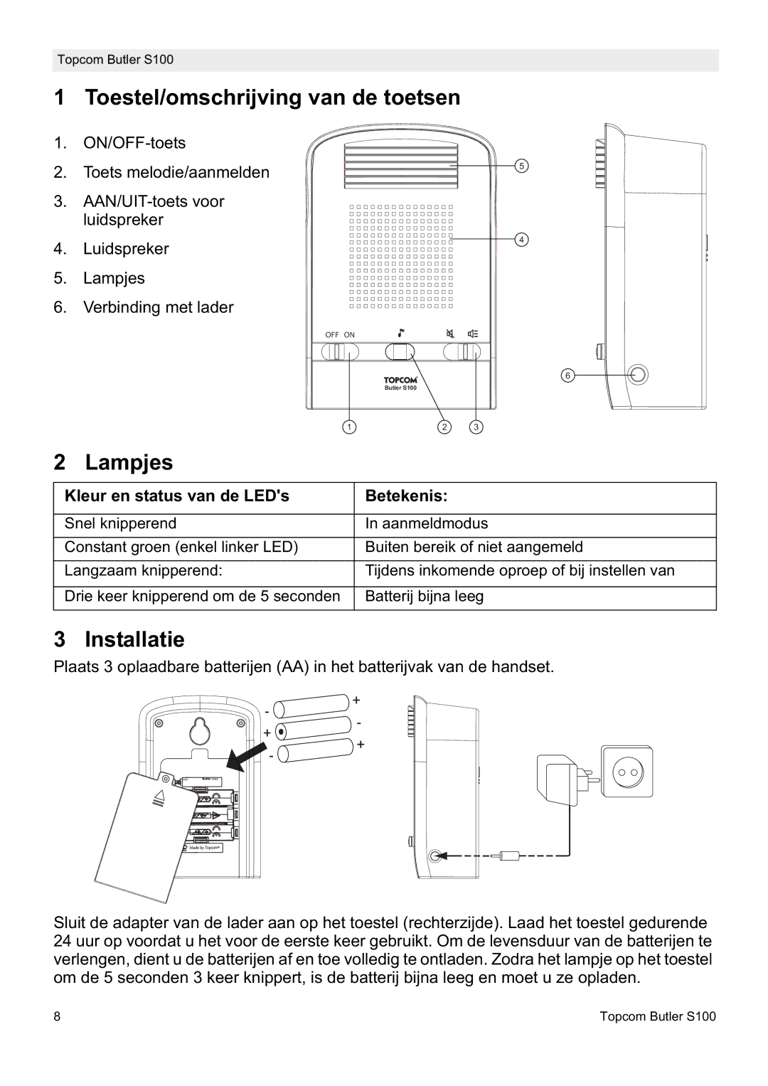 Topcom S100 Toestel/omschrijving van de toetsen, Lampjes, Installatie, Kleur en status van de LEDs Betekenis 