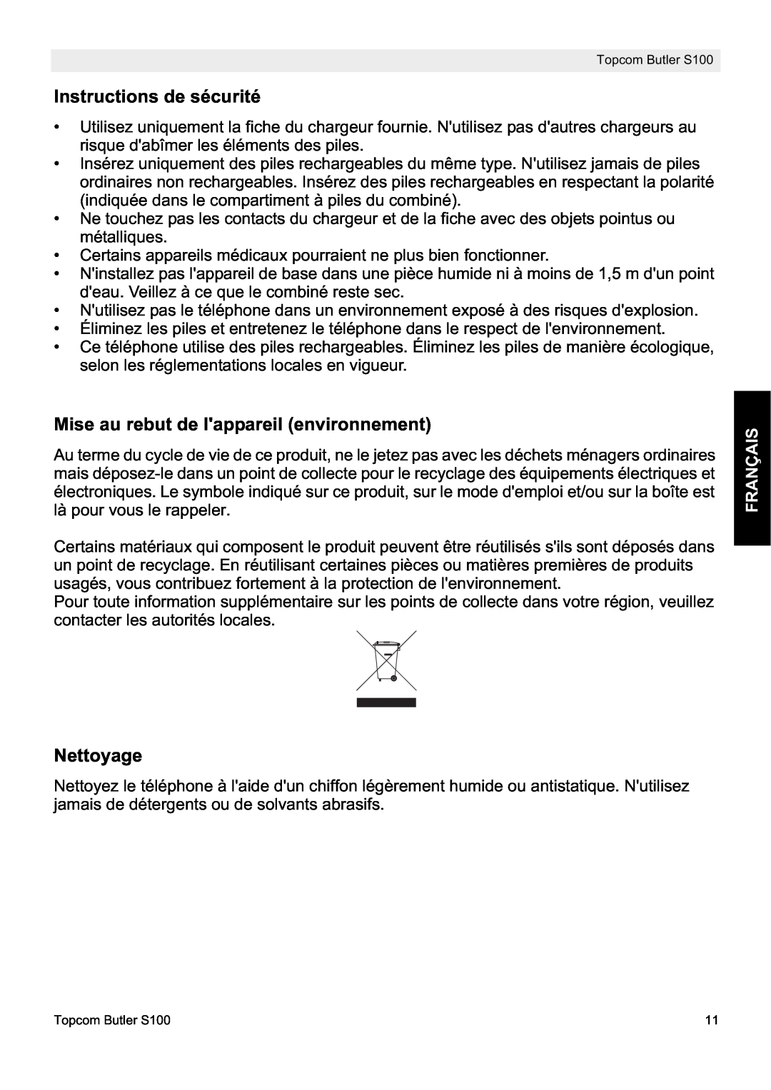 Topcom S100 manual do utilizador Instructions de sécurité, Mise au rebut de lappareil environnement, Nettoyage, Français 