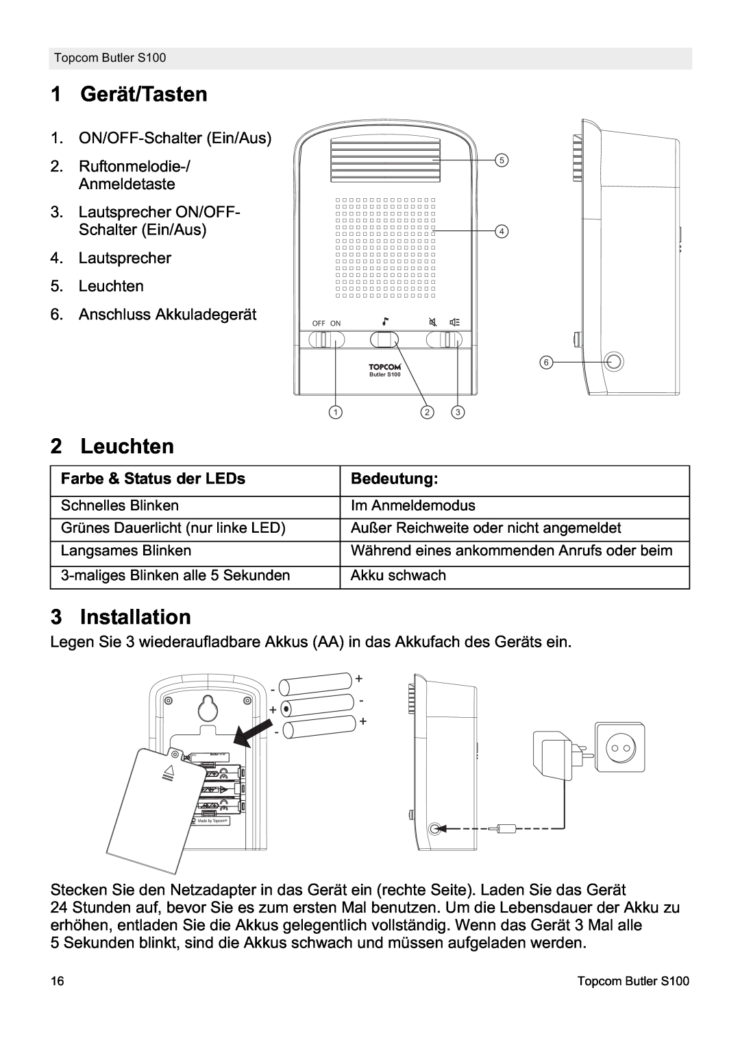 Topcom S100 manual do utilizador 1 Gerät/Tasten, Leuchten, Installation, Farbe & Status der LEDs, Bedeutung 