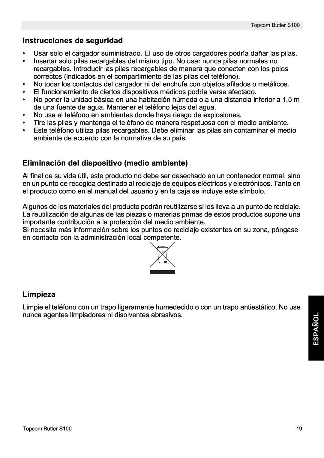 Topcom S100 manual do utilizador Instrucciones de seguridad, Eliminación del dispositivo medio ambiente, Limpieza, Español 