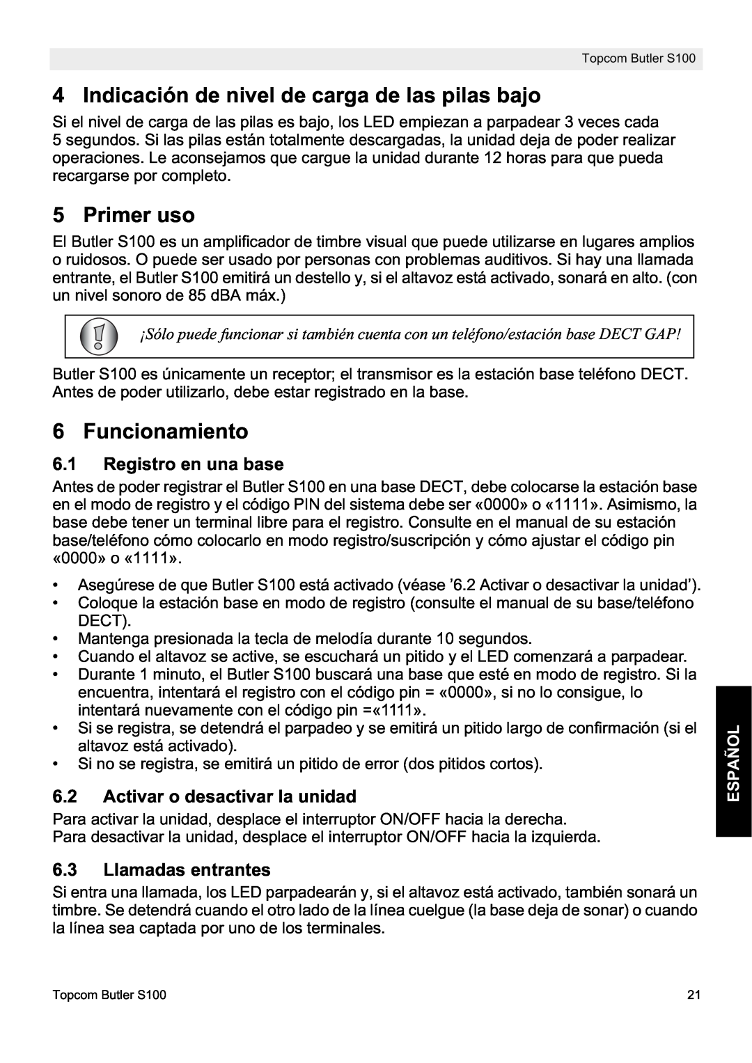 Topcom S100 Indicación de nivel de carga de las pilas bajo, Primer uso, Funcionamiento, Registro en una base, Español 
