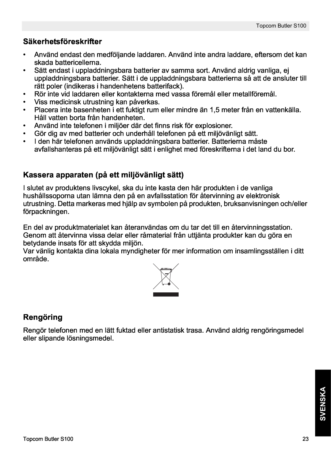 Topcom S100 manual do utilizador Säkerhetsföreskrifter, Kassera apparaten på ett miljövänligt sätt, Rengöring, Svenska 