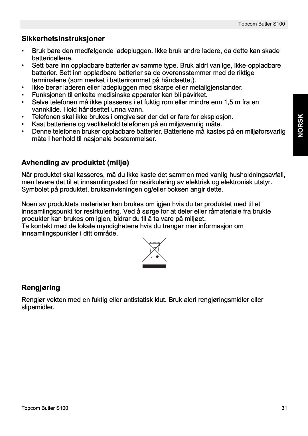 Topcom S100 manual do utilizador Sikkerhetsinstruksjoner, Avhending av produktet miljø, Rengjøring, Norsk 