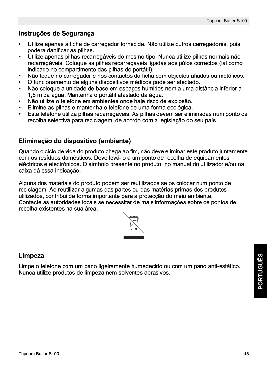 Topcom S100 manual do utilizador Instruções de Segurança, Eliminação do dispositivo ambiente, Limpeza, Português 