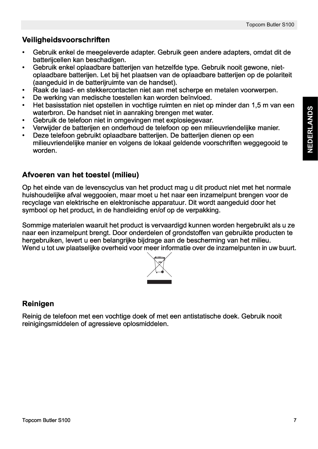 Topcom S100 manual do utilizador Veiligheidsvoorschriften, Afvoeren van het toestel milieu, Reinigen, Nederlands 