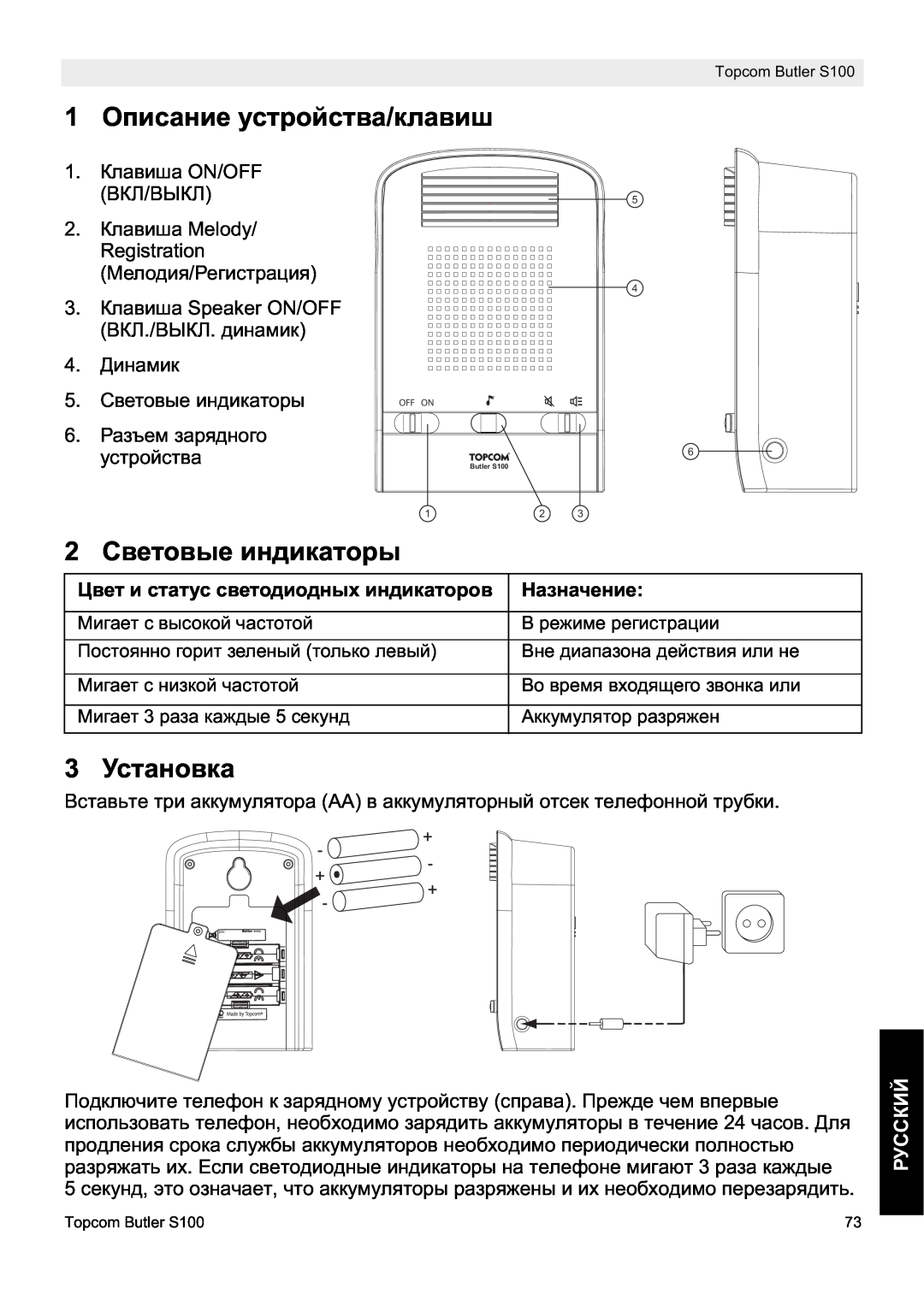 Topcom S100 manual do utilizador 1 Ɉɩɢɫɚɧɢɟ ɭɫɬɪɨɣɫɬɜɚ/ɤɥɚɜɢɲ, 2 ɋɜɟɬɨɜɵɟ ɢɧɞɢɤɚɬɨɪɵ, 3 ɍɫɬɚɧɨɜɤɚ, ɊɍɋɋɄɂɃ, ɇɚɡɧɚɱɟɧɢɟ 