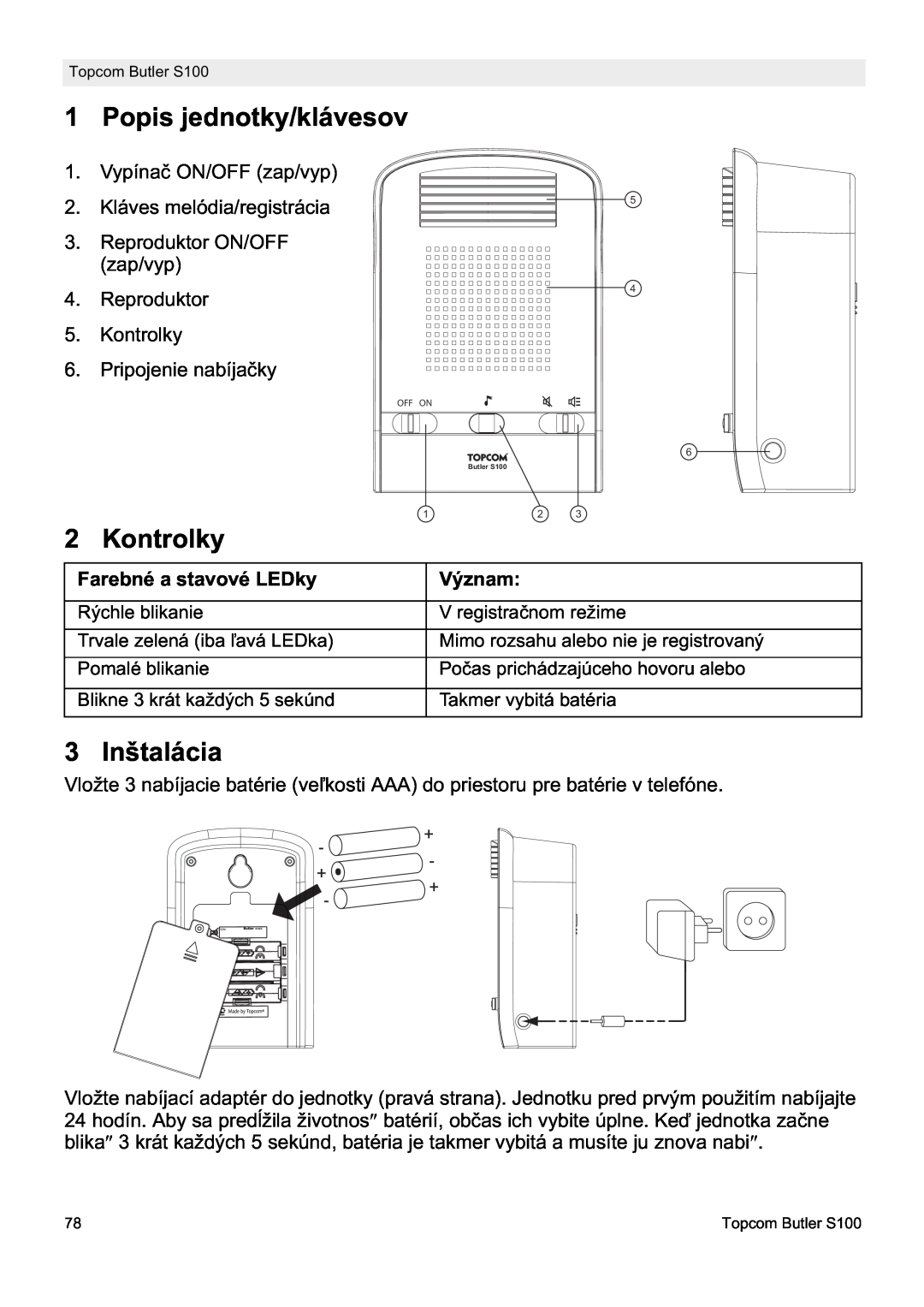 Topcom S100 manual do utilizador Popis jednotky/klávesov, Kontrolky, 3 Inštalácia 