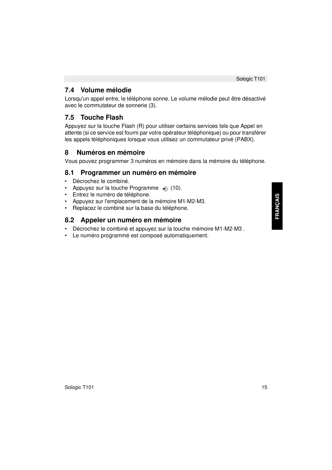 Topcom T101 manual do utilizador Volume mélodie, Touche Flash, Numéros en mémoire, Programmer un numéro en mémoire 