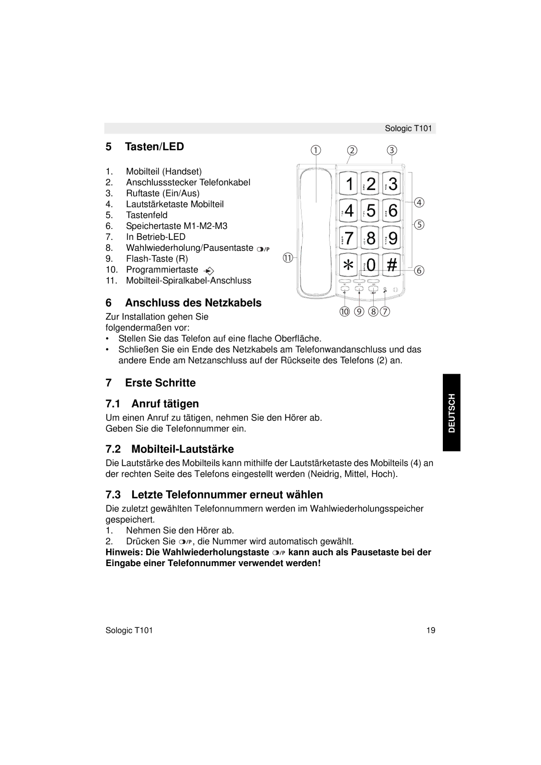 Topcom T101 manual do utilizador Tasten/LED, Anschluss des Netzkabels, Erste Schritte Anruf tätigen, Mobilteil-Lautstärke 