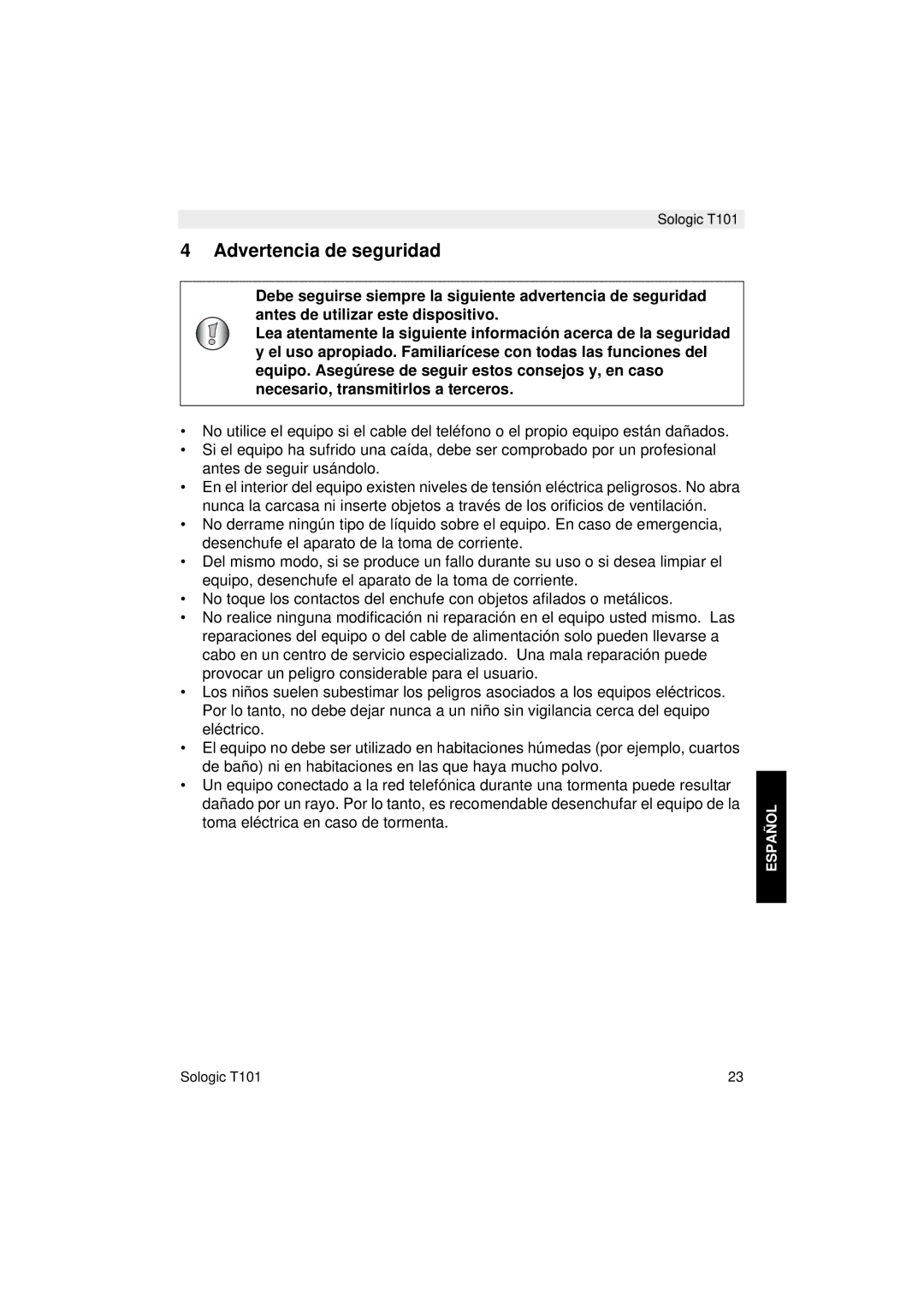 Topcom T101 manual do utilizador Advertencia de seguridad 