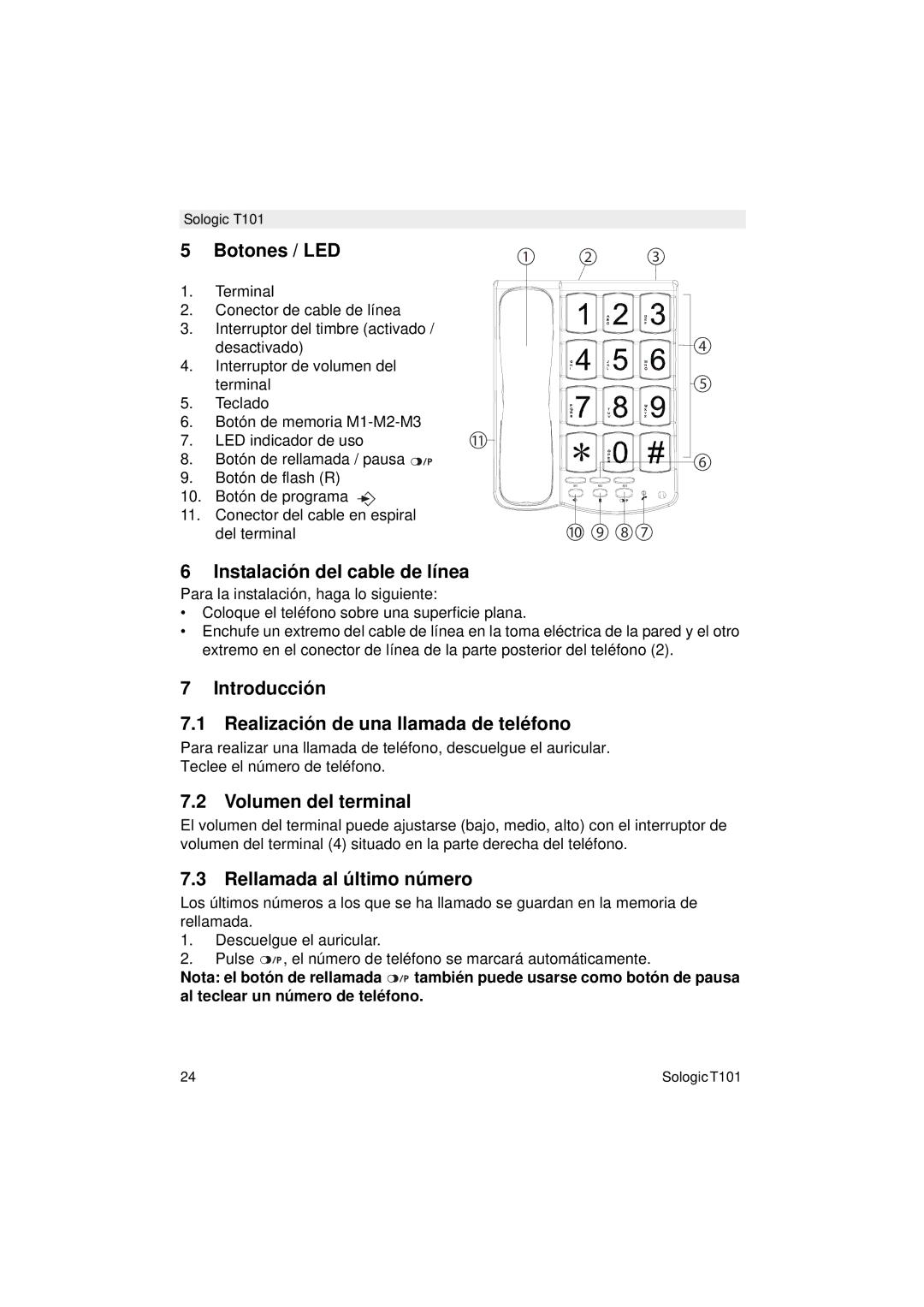 Topcom T101 Botones / LED, Instalación del cable de línea, Introducción Realización de una llamada de teléfono 