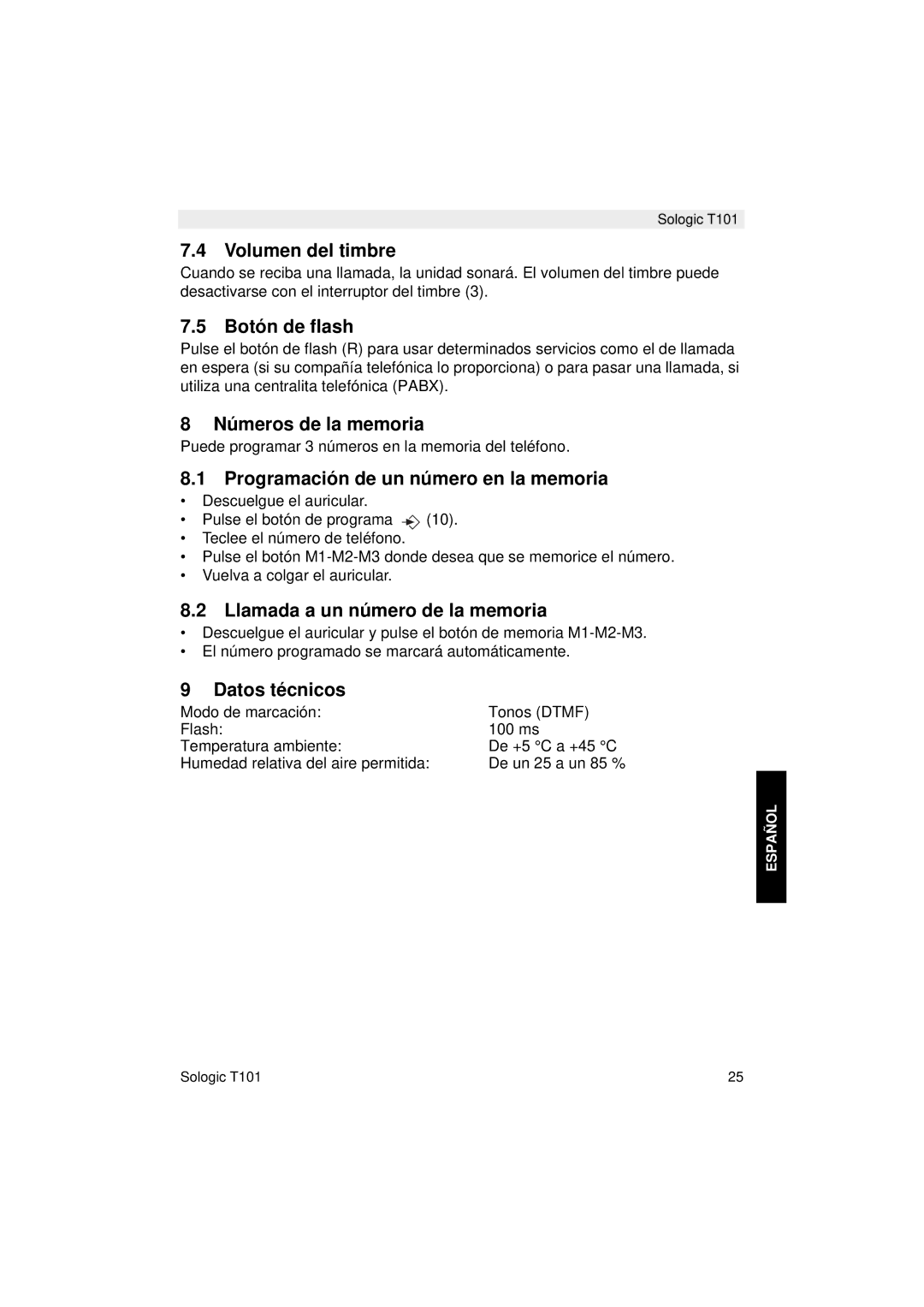 Topcom T101 Volumen del timbre, Botón de flash, Números de la memoria, Programación de un número en la memoria 