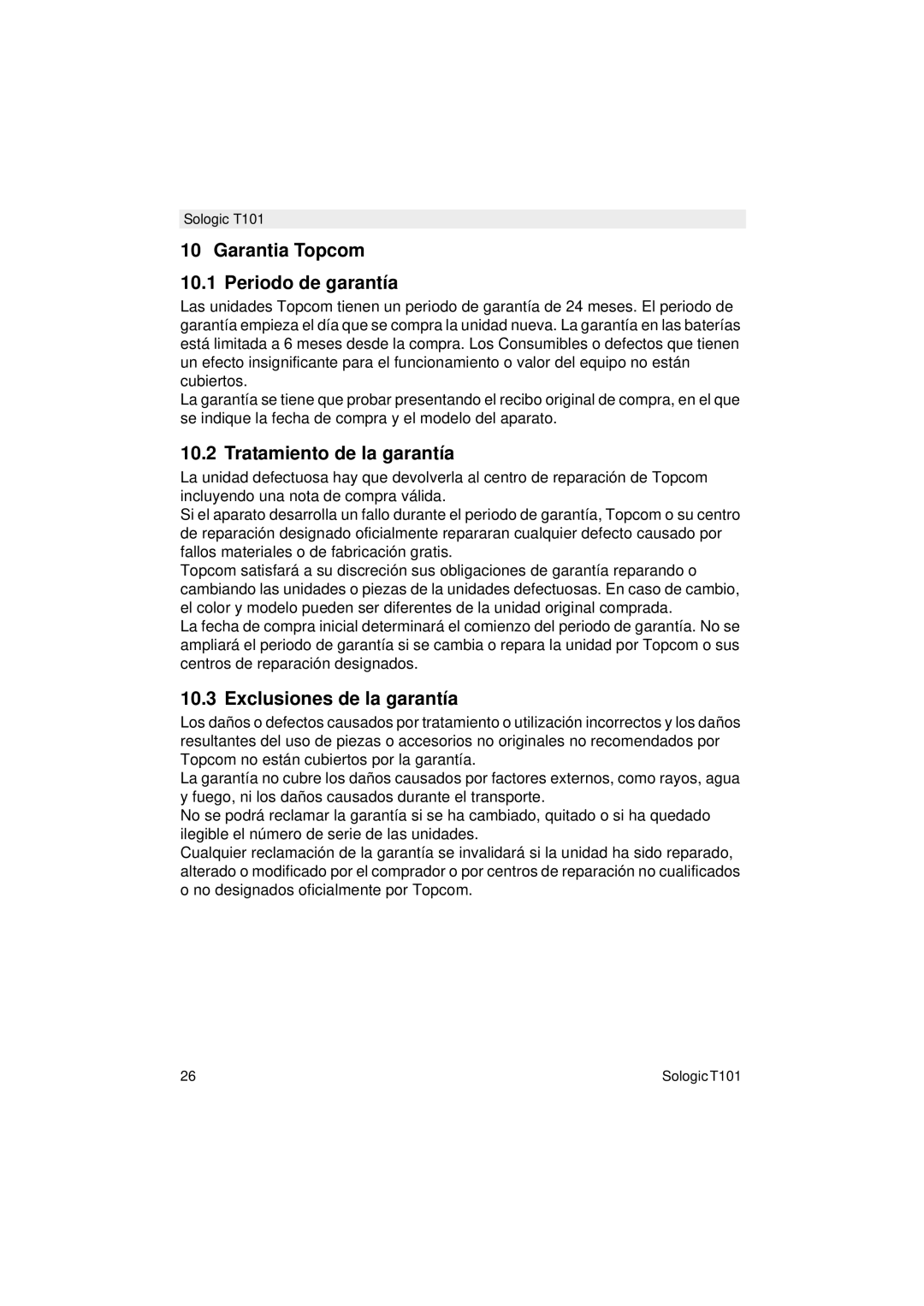 Topcom T101 Garantia Topcom Periodo de garantía, Tratamiento de la garantía, Exclusiones de la garantía 