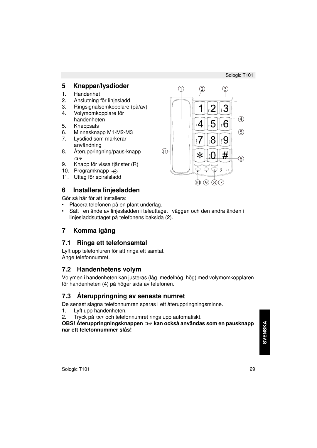 Topcom T101 Knappar/lysdioder, Installera linjesladden, Komma igång Ringa ett telefonsamtal, Handenhetens volym 