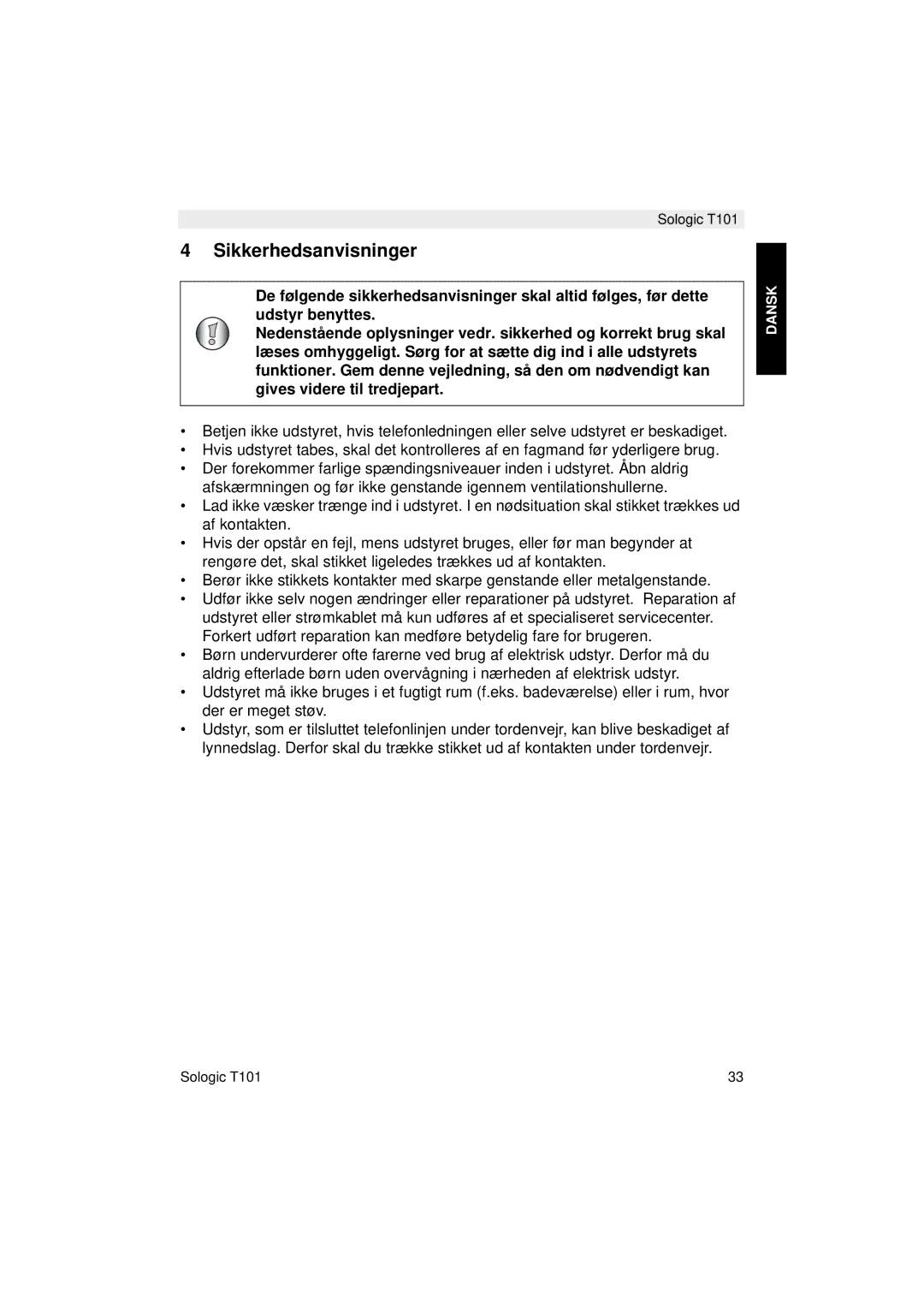 Topcom T101 manual do utilizador Sikkerhedsanvisninger 