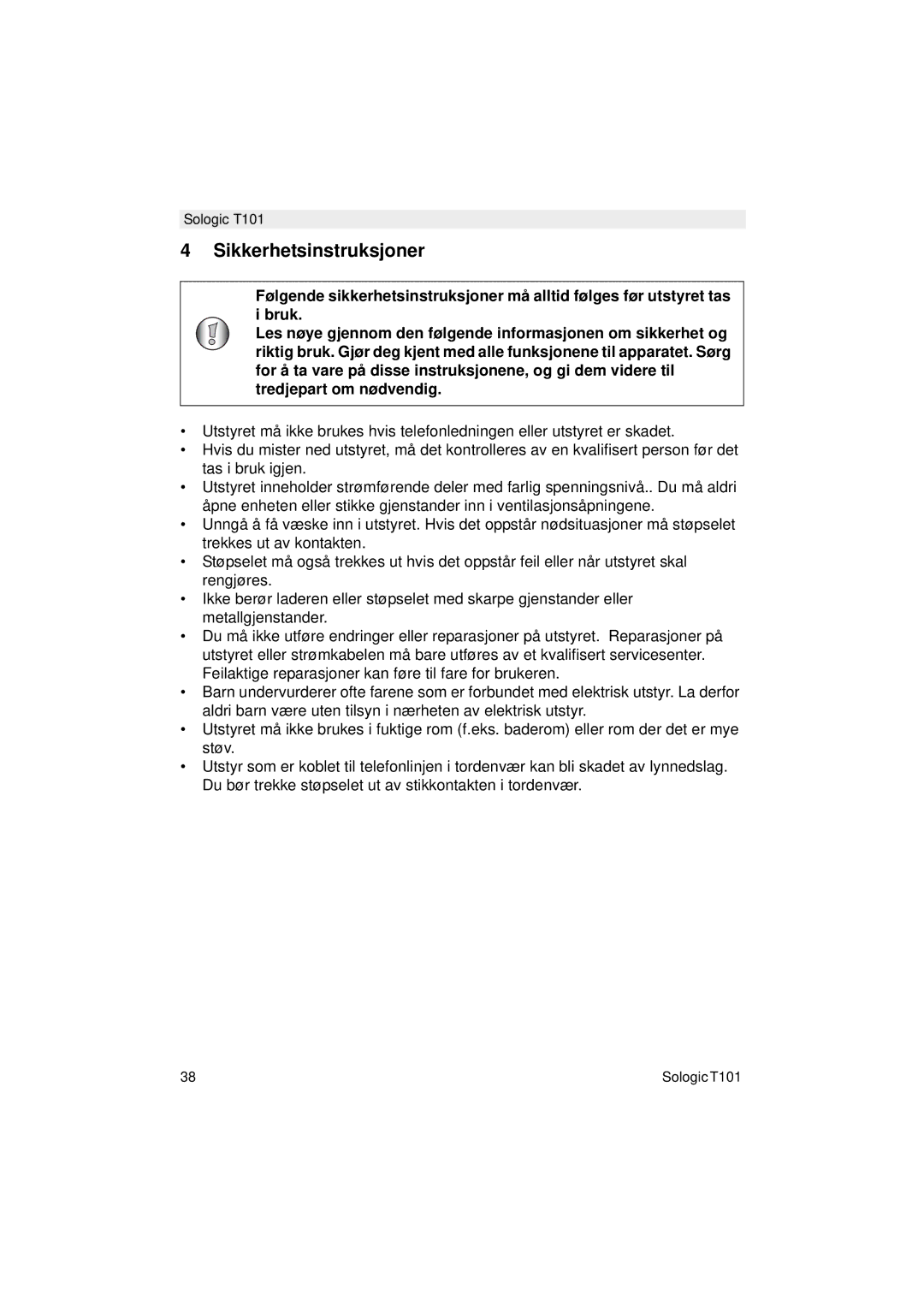 Topcom T101 manual do utilizador Sikkerhetsinstruksjoner 