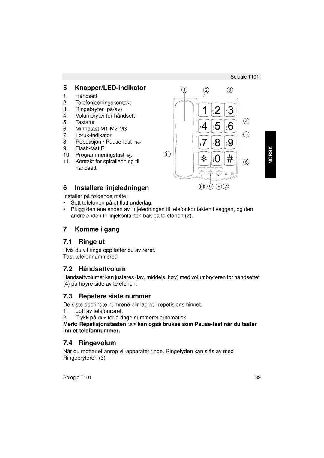 Topcom T101 Knapper/LED-indikator, Komme i gang Ringe ut, Håndsettvolum, Repetere siste nummer, Ringevolum 