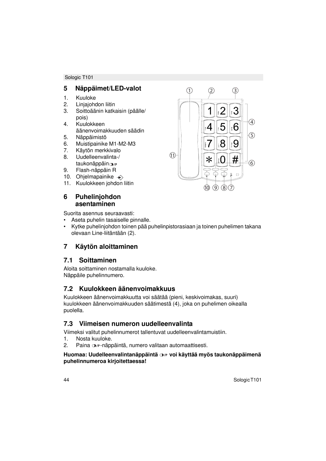 Topcom T101 Näppäimet/LED-valot, Puhelinjohdon asentaminen, Käytön aloittaminen Soittaminen, Kuulokkeen äänenvoimakkuus 