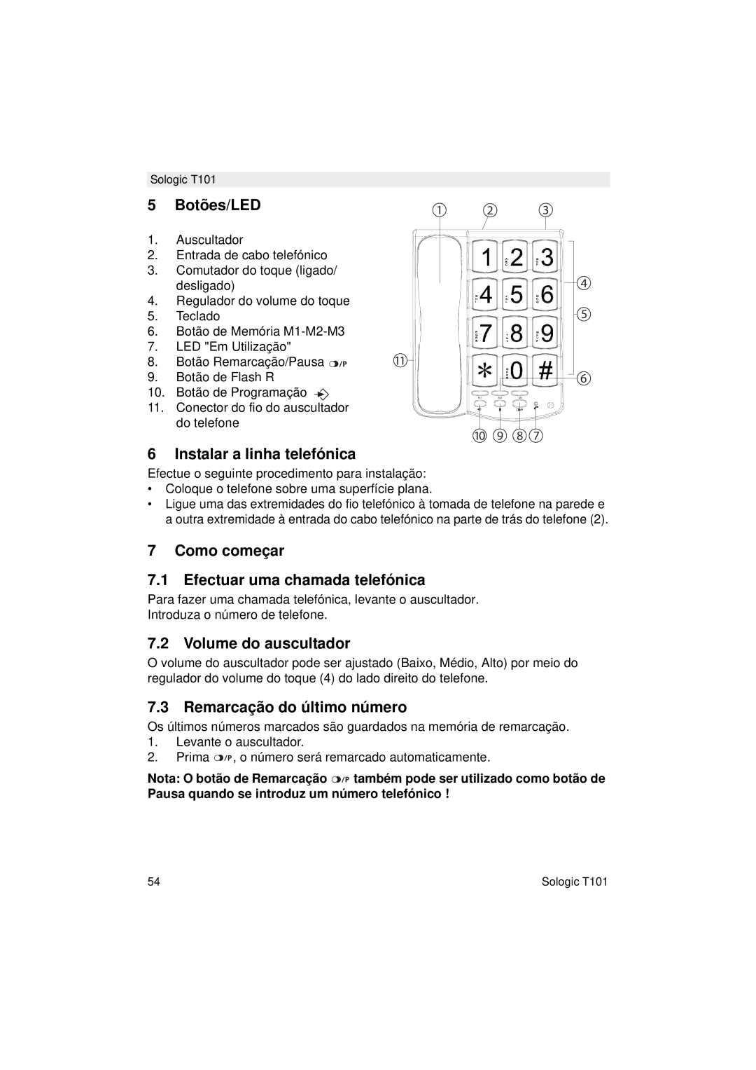 Topcom T101 Botões/LED, Instalar a linha telefónica, Como começar Efectuar uma chamada telefónica, Volume do auscultador 