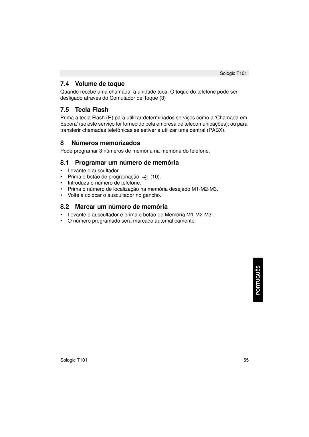 Topcom T101 Volume de toque, Tecla Flash, Números memorizados, Programar um número de memória, Marcar um número de memória 