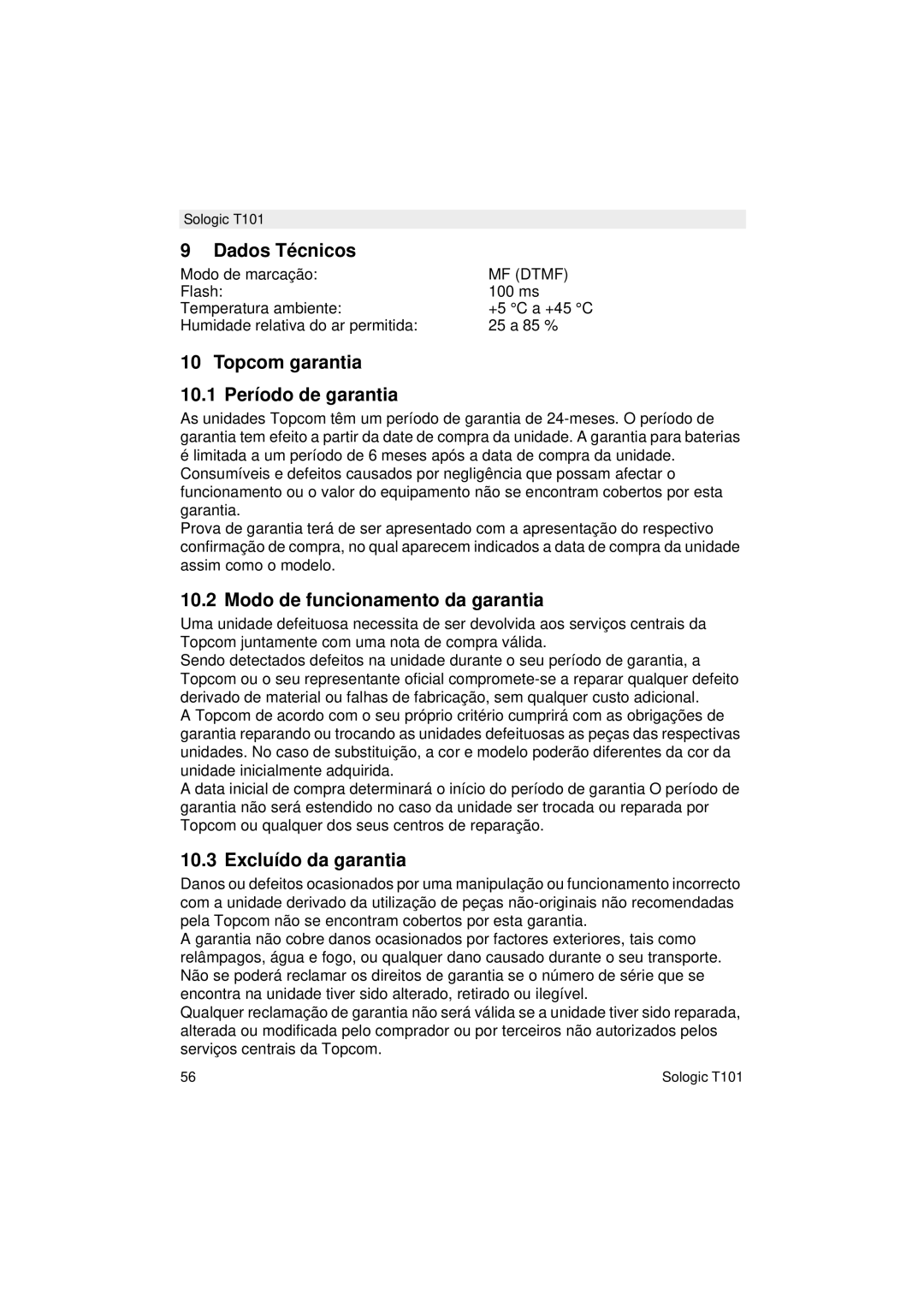 Topcom T101 Dados Técnicos, Topcom garantia 10.1 Período de garantia, Modo de funcionamento da garantia 