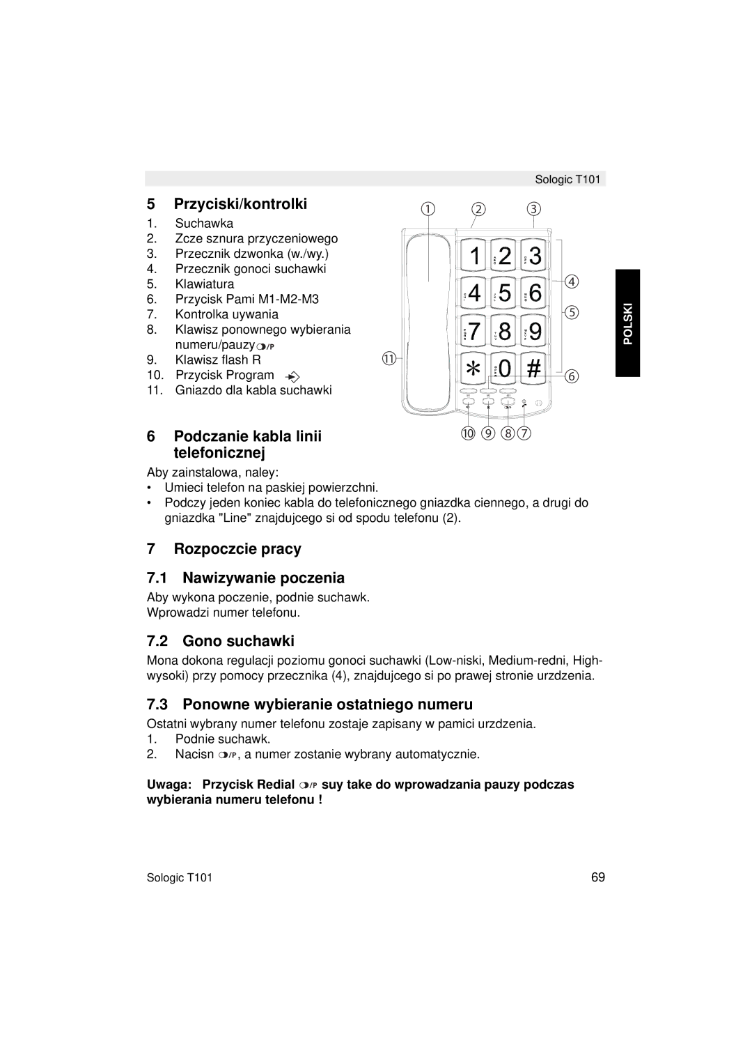 Topcom T101 Przyciski/kontrolki, Podczanie kabla linii telefonicznej, Rozpoczcie pracy Nawizywanie poczenia, Gono suchawki 