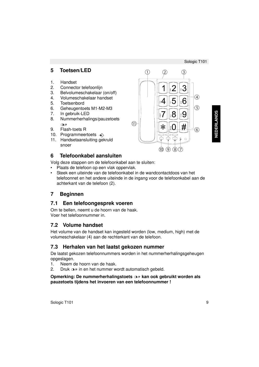 Topcom T101 manual do utilizador Toetsen/LED, Telefoonkabel aansluiten, Beginnen Een telefoongesprek voeren, Volume handset 