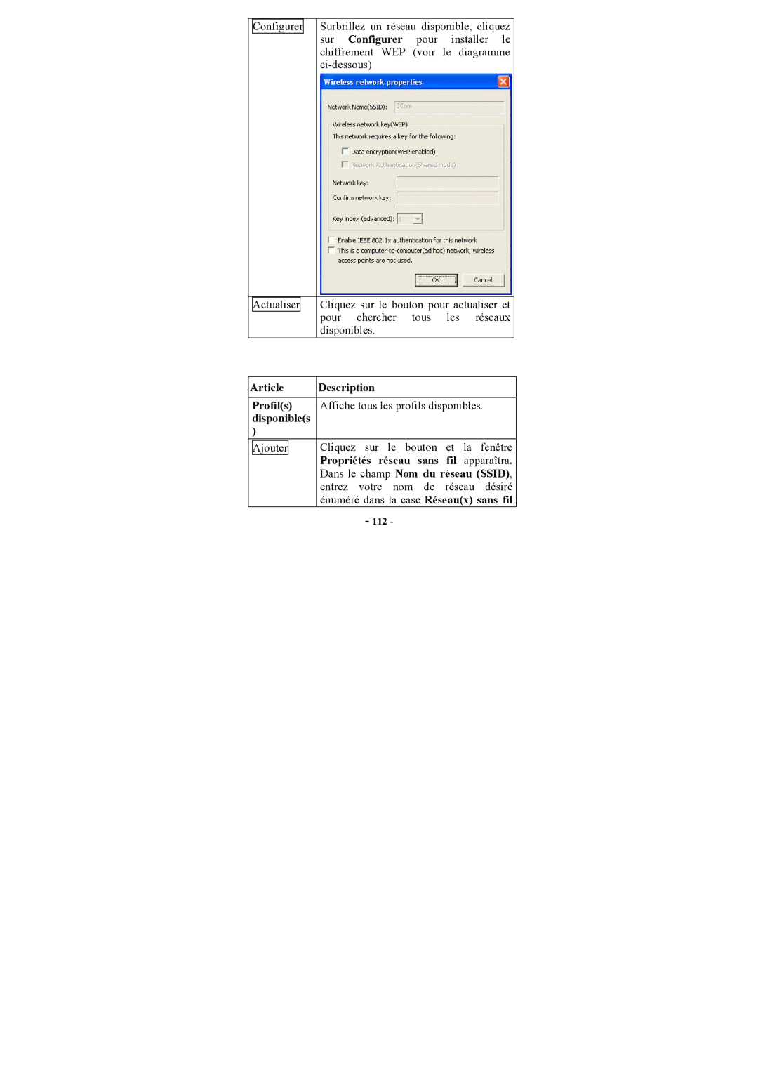 Topcom U8006178 manual Propriétés réseau sans fil apparaîtra, Dans le champ Nom du réseau Ssid 