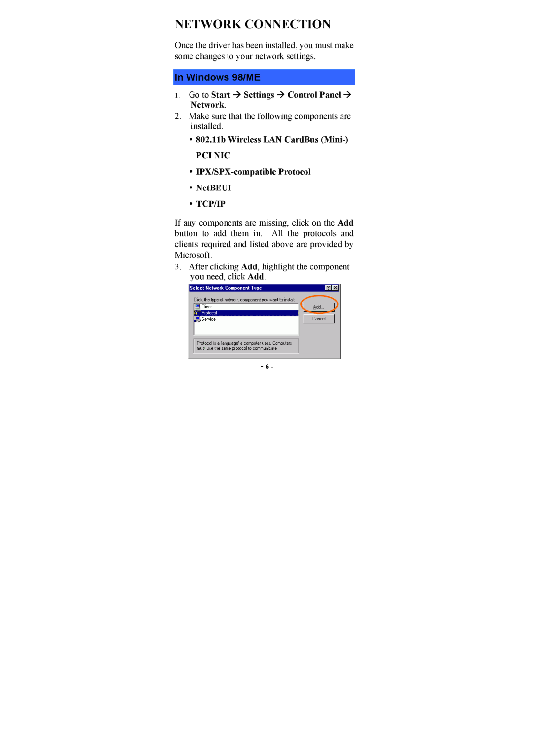 Topcom U8006178 manual Network Connection, Windows 98/ME, Go to Start Æ Settings Æ Control Panel Æ Network 