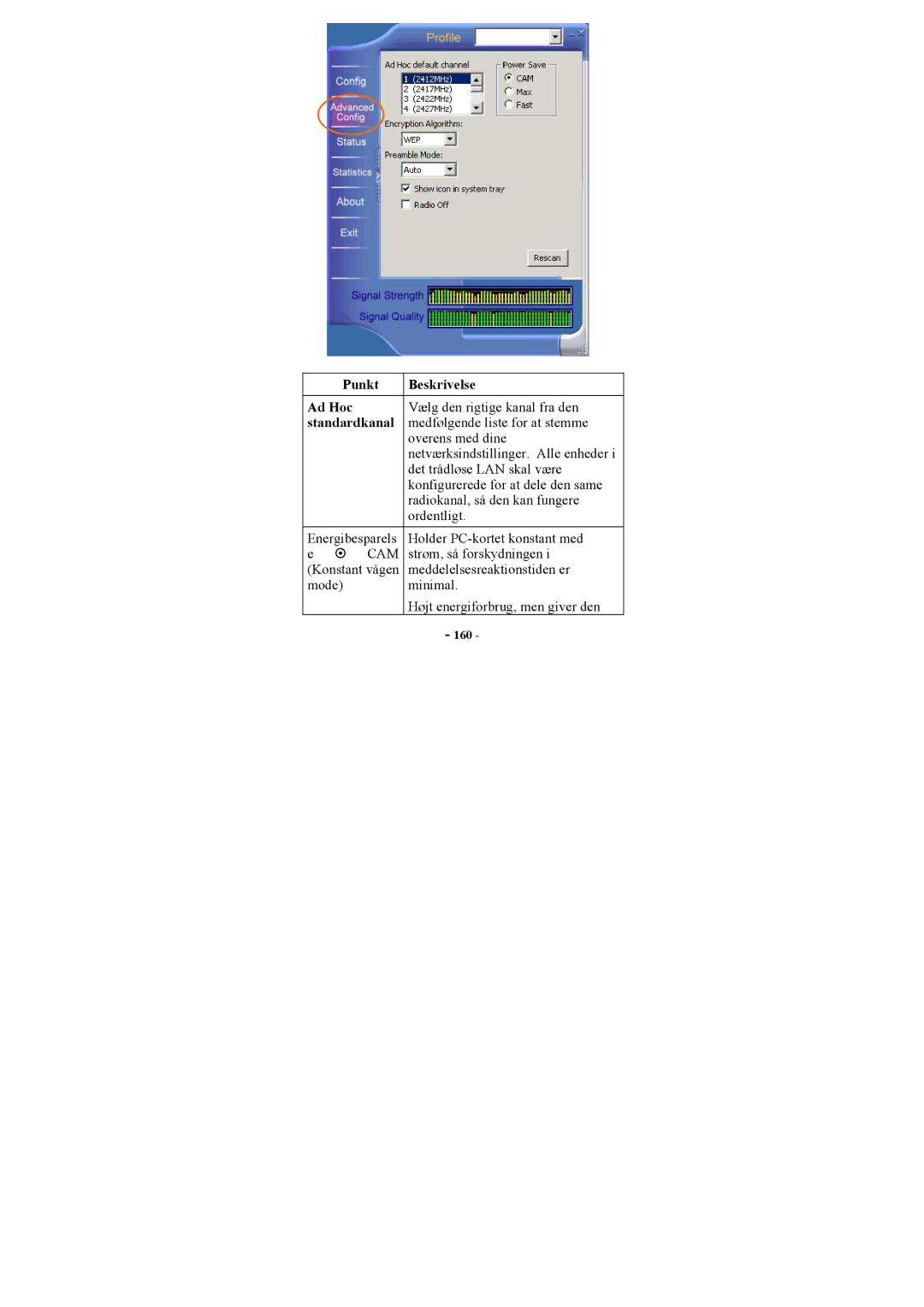 Topcom U8006178 manual Punkt Beskrivelse Ad Hoc, Standardkanal 