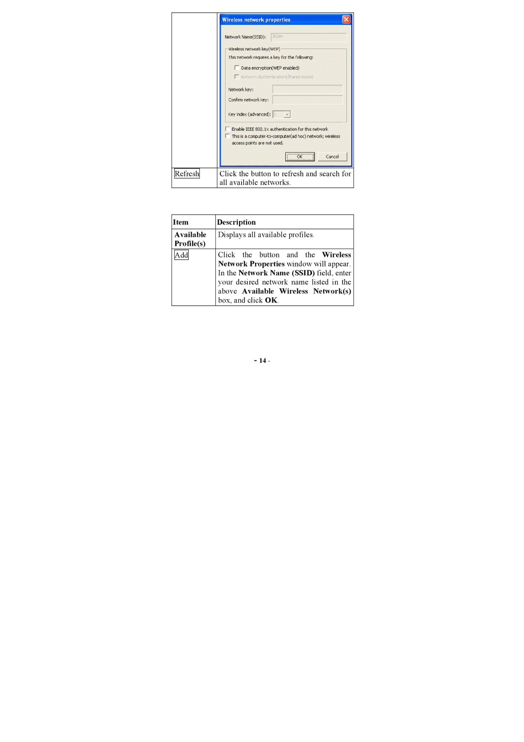 Topcom U8006178 manual Profiles, Above Available Wireless Networks 