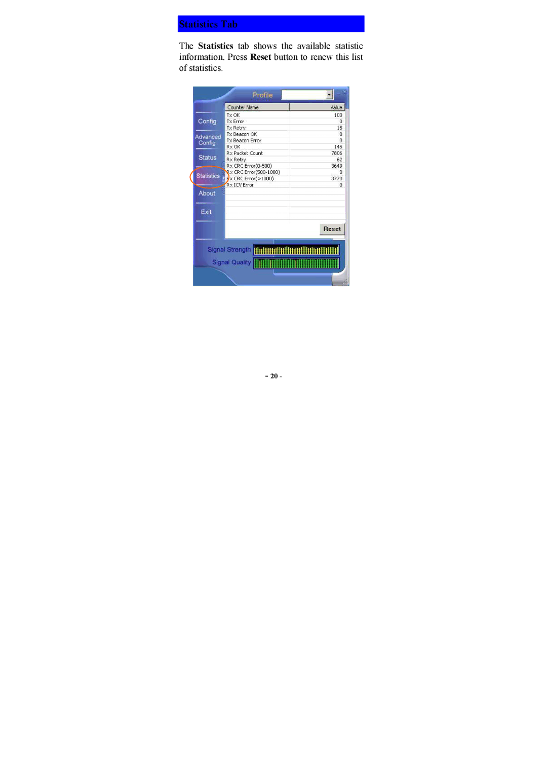 Topcom U8006178 manual Statistics Tab 