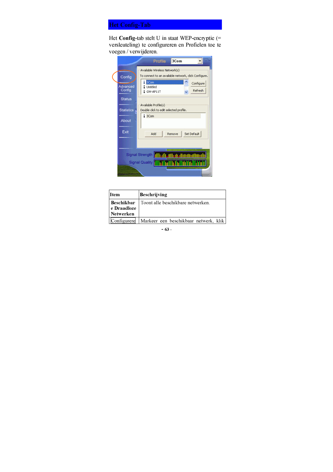 Topcom U8006178 manual Het Config-Tab, Item Beschrijving, Draadloze Netwerken 