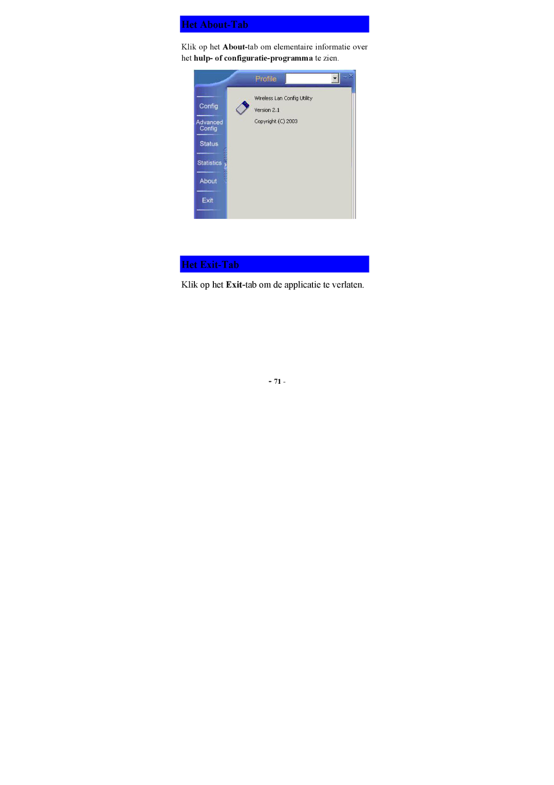 Topcom U8006178 manual Het About-Tab, Het Exit-Tab 