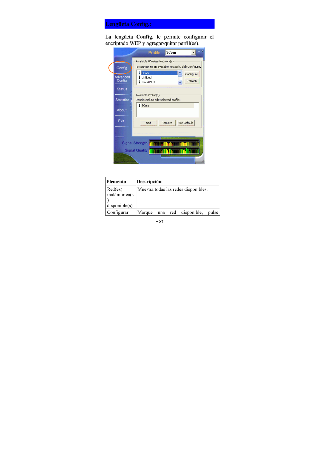 Topcom U8006178 manual Lengüeta Config, Elemento Descripción 