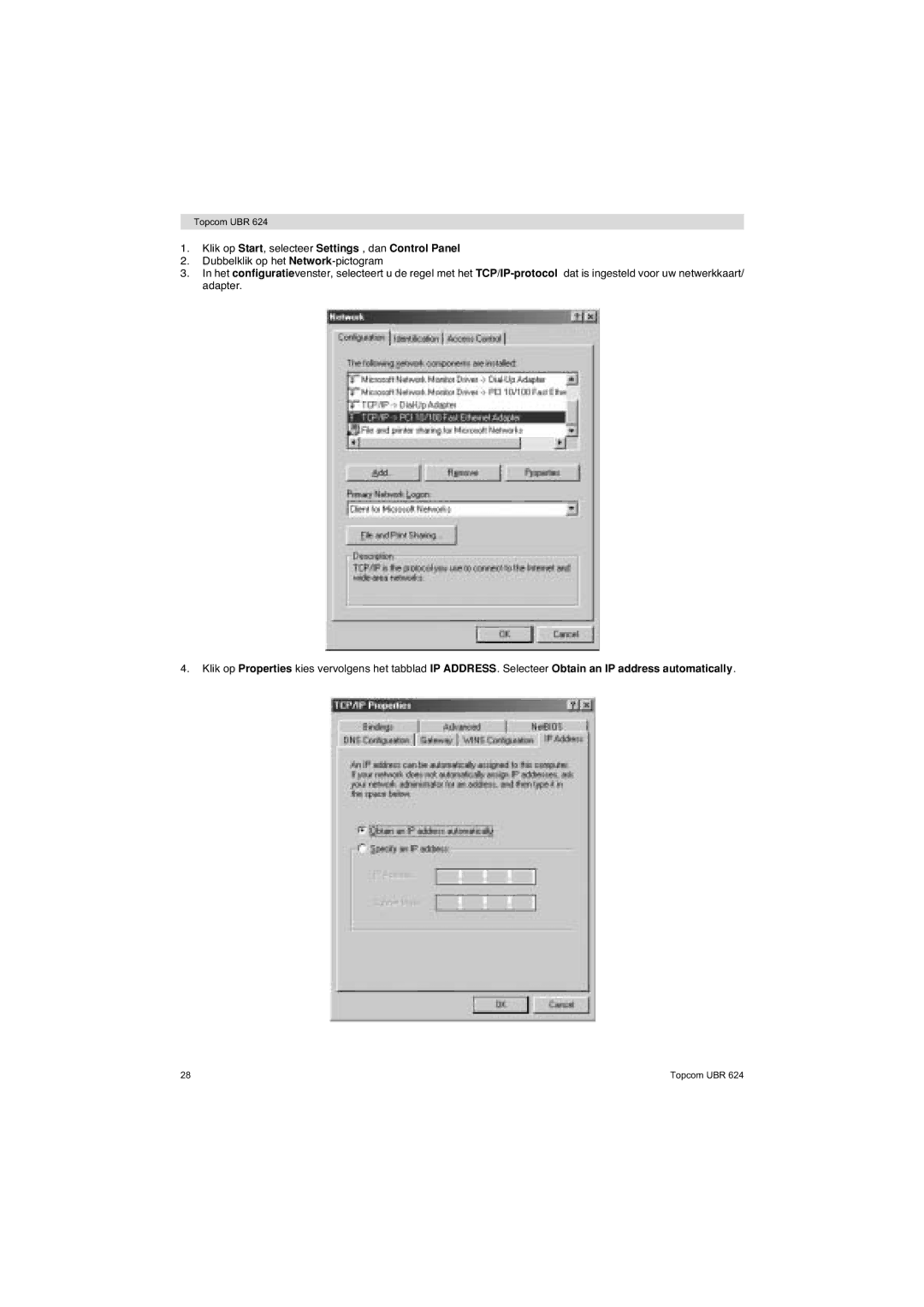 Topcom UBR 624 manual Klik op Start, selecteer Settings , dan Control Panel 